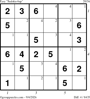 The grouppuzzles.com Easy Sudoku-6up puzzle for Friday September 4, 2026 with all 4 steps marked