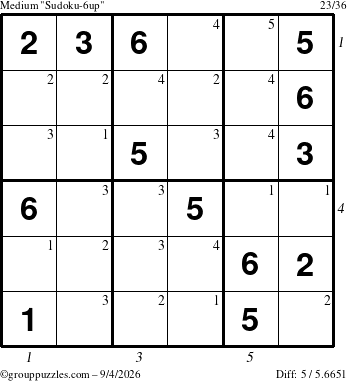 The grouppuzzles.com Medium Sudoku-6up puzzle for Friday September 4, 2026, suitable for printing, with all 5 steps marked