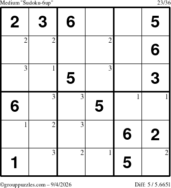 The grouppuzzles.com Medium Sudoku-6up puzzle for Friday September 4, 2026 with the first 3 steps marked