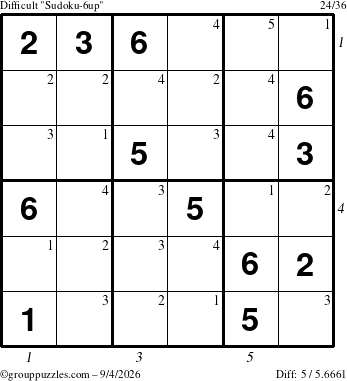The grouppuzzles.com Difficult Sudoku-6up puzzle for Friday September 4, 2026, suitable for printing, with all 5 steps marked