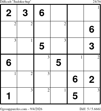 The grouppuzzles.com Difficult Sudoku-6up puzzle for Friday September 4, 2026 with the first 3 steps marked