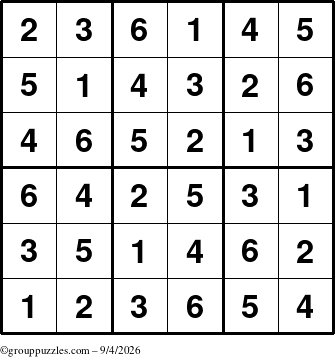 The grouppuzzles.com Answer grid for the Sudoku-6up puzzle for Friday September 4, 2026