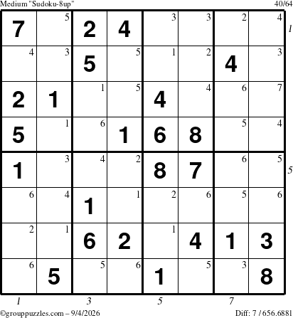 The grouppuzzles.com Medium Sudoku-8up puzzle for Friday September 4, 2026 with all 7 steps marked
