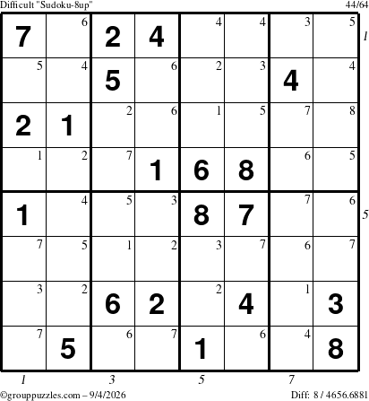 The grouppuzzles.com Difficult Sudoku-8up puzzle for Friday September 4, 2026, suitable for printing, with all 8 steps marked