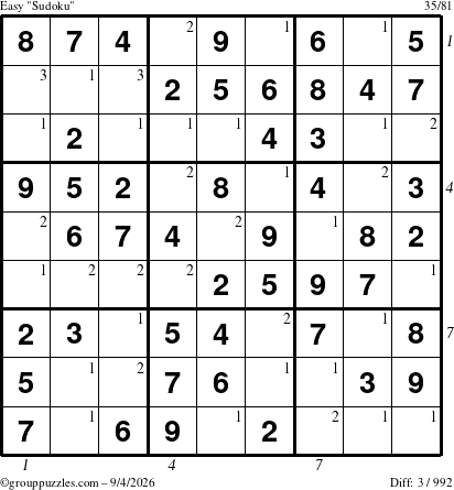The grouppuzzles.com Easy Sudoku puzzle for Friday September 4, 2026, suitable for printing, with all 3 steps marked