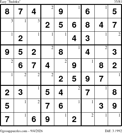 The grouppuzzles.com Easy Sudoku puzzle for Friday September 4, 2026 with the first 3 steps marked