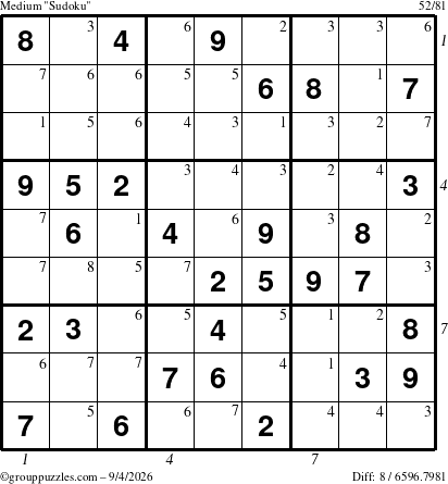 The grouppuzzles.com Medium Sudoku puzzle for Friday September 4, 2026, suitable for printing, with all 8 steps marked