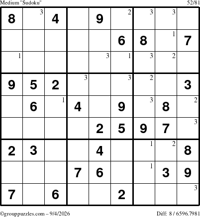 The grouppuzzles.com Medium Sudoku puzzle for Friday September 4, 2026 with the first 3 steps marked