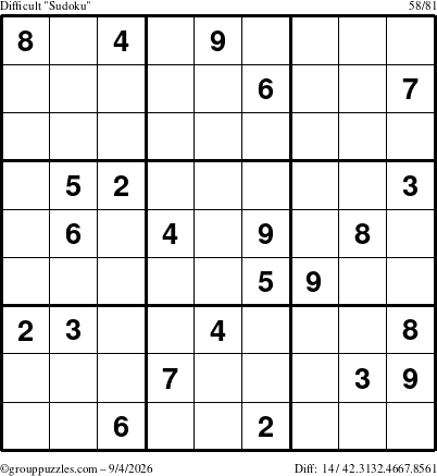 The grouppuzzles.com Difficult Sudoku puzzle for Friday September 4, 2026