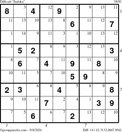 The grouppuzzles.com Difficult Sudoku puzzle for Friday September 4, 2026 with all 14 steps marked