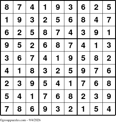 The grouppuzzles.com Answer grid for the Sudoku puzzle for Friday September 4, 2026