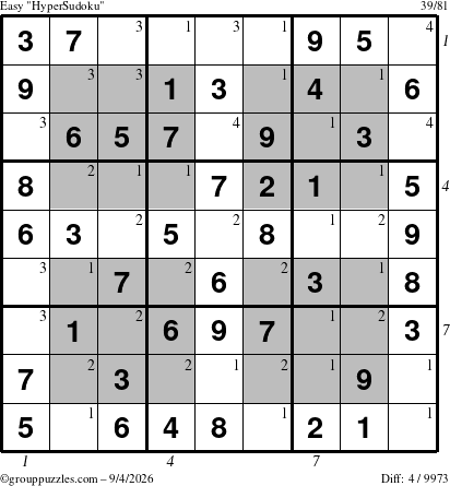The grouppuzzles.com Easy HyperSudoku puzzle for Friday September 4, 2026 with all 4 steps marked
