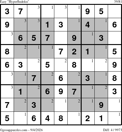 The grouppuzzles.com Easy HyperSudoku puzzle for Friday September 4, 2026 with the first 3 steps marked