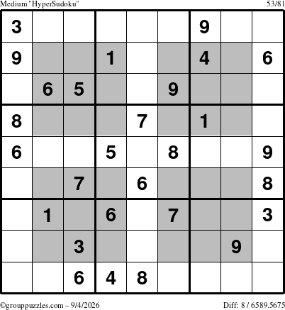 The grouppuzzles.com Medium HyperSudoku puzzle for Friday September 4, 2026