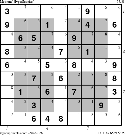 The grouppuzzles.com Medium HyperSudoku puzzle for Friday September 4, 2026 with all 8 steps marked