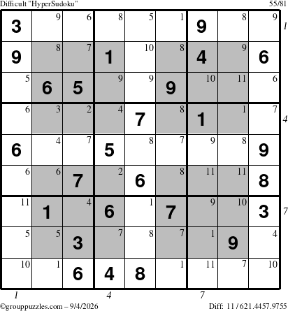 The grouppuzzles.com Difficult HyperSudoku puzzle for Friday September 4, 2026 with all 11 steps marked
