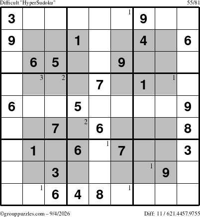 The grouppuzzles.com Difficult HyperSudoku puzzle for Friday September 4, 2026 with the first 3 steps marked