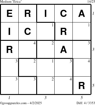 The grouppuzzles.com Medium Erica puzzle for Wednesday April 2, 2025, suitable for printing, with all 4 steps marked