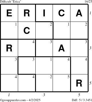 The grouppuzzles.com Difficult Erica puzzle for Wednesday April 2, 2025, suitable for printing, with all 5 steps marked