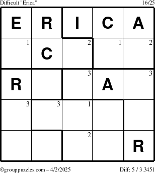 The grouppuzzles.com Difficult Erica puzzle for Wednesday April 2, 2025 with the first 3 steps marked