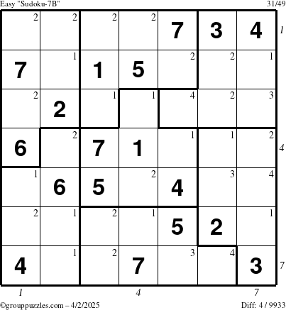 The grouppuzzles.com Easy Sudoku-7B puzzle for Wednesday April 2, 2025 with all 4 steps marked