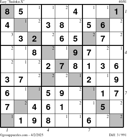 The grouppuzzles.com Easy Sudoku-X puzzle for Wednesday April 2, 2025 with all 3 steps marked