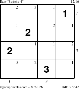 The grouppuzzles.com Easy Sudoku-4 puzzle for Saturday March 7, 2026, suitable for printing, with all 3 steps marked