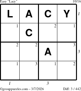 The grouppuzzles.com Easy Lacy puzzle for Saturday March 7, 2026 with all 3 steps marked