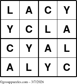 The grouppuzzles.com Answer grid for the Lacy puzzle for Saturday March 7, 2026