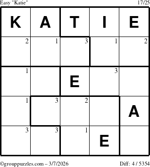 The grouppuzzles.com Easy Katie puzzle for Saturday March 7, 2026 with the first 3 steps marked