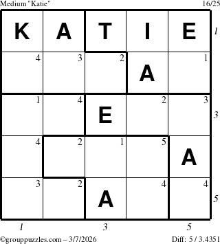 The grouppuzzles.com Medium Katie puzzle for Saturday March 7, 2026 with all 5 steps marked
