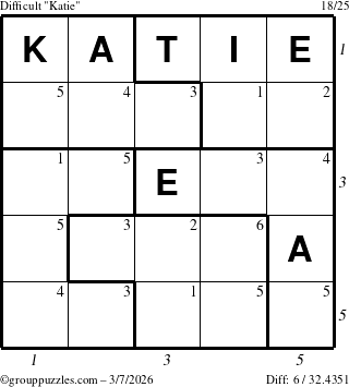 The grouppuzzles.com Difficult Katie puzzle for Saturday March 7, 2026 with all 6 steps marked
