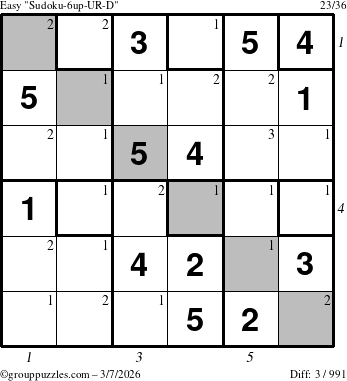 The grouppuzzles.com Easy Sudoku-6up-UR-D puzzle for Saturday March 7, 2026, suitable for printing, with all 3 steps marked