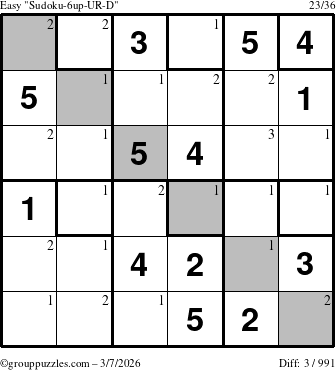 The grouppuzzles.com Easy Sudoku-6up-UR-D puzzle for Saturday March 7, 2026 with the first 3 steps marked