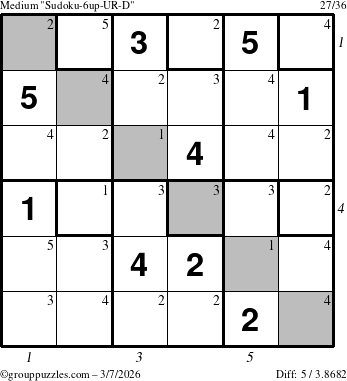 The grouppuzzles.com Medium Sudoku-6up-UR-D puzzle for Saturday March 7, 2026 with all 5 steps marked