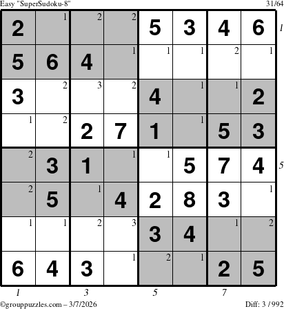 The grouppuzzles.com Easy SuperSudoku-8 puzzle for Saturday March 7, 2026 with all 3 steps marked
