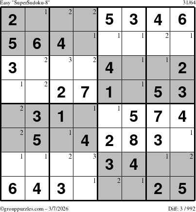 The grouppuzzles.com Easy SuperSudoku-8 puzzle for Saturday March 7, 2026 with the first 3 steps marked