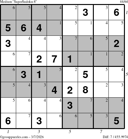 The grouppuzzles.com Medium SuperSudoku-8 puzzle for Saturday March 7, 2026 with all 7 steps marked