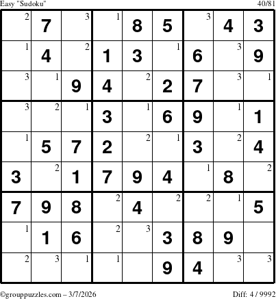 The grouppuzzles.com Easy Sudoku puzzle for Saturday March 7, 2026 with the first 3 steps marked