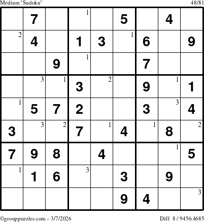The grouppuzzles.com Medium Sudoku puzzle for Saturday March 7, 2026 with the first 3 steps marked