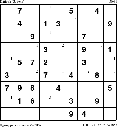 The grouppuzzles.com Difficult Sudoku puzzle for Saturday March 7, 2026 with the first 3 steps marked