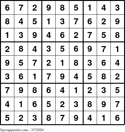The grouppuzzles.com Answer grid for the Sudoku puzzle for Saturday March 7, 2026