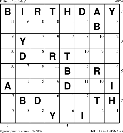 The grouppuzzles.com Difficult Birthday puzzle for Saturday March 7, 2026, suitable for printing, with all 11 steps marked