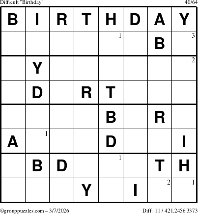 The grouppuzzles.com Difficult Birthday puzzle for Saturday March 7, 2026 with the first 3 steps marked