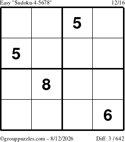 The grouppuzzles.com Easy Sudoku-4-5678 puzzle for Wednesday August 12, 2026
