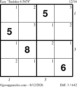 The grouppuzzles.com Easy Sudoku-4-5678 puzzle for Wednesday August 12, 2026 with all 3 steps marked