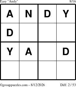 The grouppuzzles.com Easy Andy puzzle for Wednesday August 12, 2026
