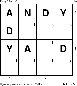 The grouppuzzles.com Easy Andy puzzle for Wednesday August 12, 2026 with all 2 steps marked