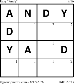 The grouppuzzles.com Easy Andy puzzle for Wednesday August 12, 2026 with the first 2 steps marked