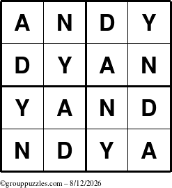 The grouppuzzles.com Answer grid for the Andy puzzle for Wednesday August 12, 2026